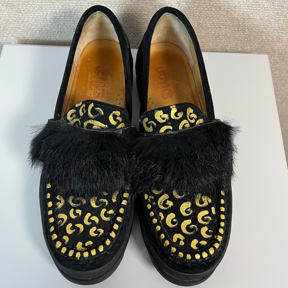 Joyks Black Metallic Gold Fur Accent Slip On Chunky Loafers‎ Size 39 US 9
